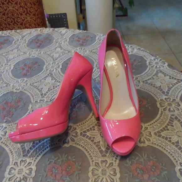 Prada Rose Pink Patent Leather Peep Toe Platform Heels Size 38B - Picture 1 of 16